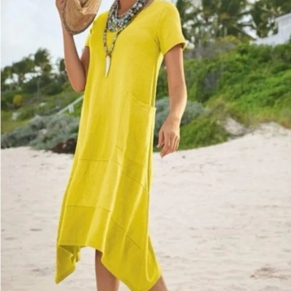 Soft Surroundings Women’s Linen Cotton Short Sleeve Yellow Dress Sz PM Lagenlook - Picture 1 of 7